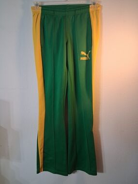Vintage Y2K Puma flare track pants in vibrant green and yellow. Classic early 20